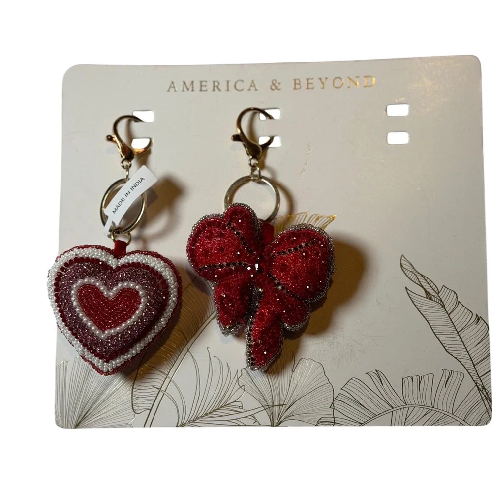 America & Beyond Keychain Bag Charm Red Heart Bow Beaded Rhinestone Set of 2 OS